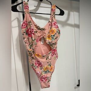 Cupshe Floral Cutout One Piece Swimsuit - Peach and Yellow